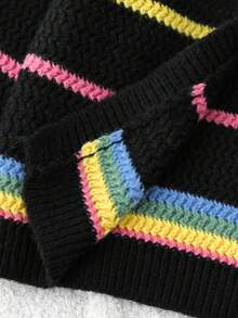 SHEIN 女童开衫，彩色条纹撞色简约日常针织毛衣，女童条纹开衫，针织开衫，女童开衫毛衣，儿童条纹毛衣，女童开衫，秋冬季 - 黑色 - 查看 6