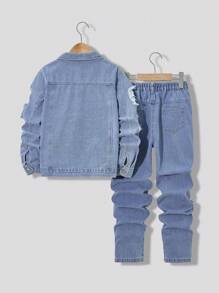 Bộ áo khoác denim và quần jeans cho bé trai TWEEN, Áo khoác denim giặt cũ phong cách đường phố kết hợp với quần jeans denim giặt cũ ống đứng, Trang phục denim thời trang cho bé trai, Hàng mới về - Rửa trung bình - Xem 2