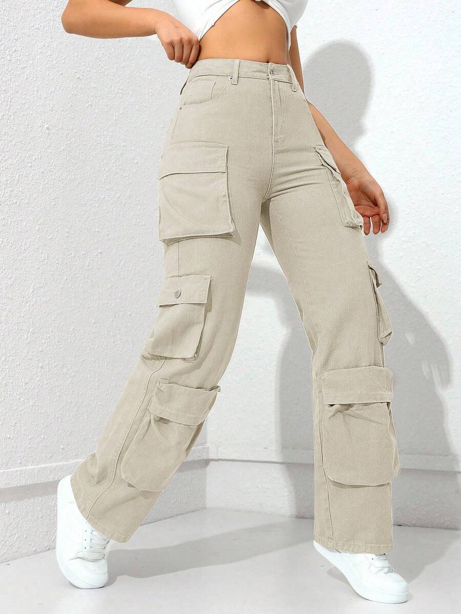 SHEIN ICON 休闲百搭纯色直筒工装牛仔裤 - 灰色 - 查看 1