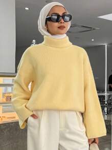 DAZY Women's Solid Color Drop Shoulder Long Sleeve Loose Casual Sweater, Autumn/Winter,Fall Women Clothes Turtleneck Women Modest Fashion School - Yellow - View 3