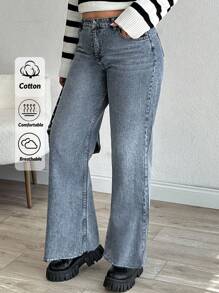 EURMUSE HIGH RISE FRAYED HEM STRAIGHT VUT PLUS SIZE JEAN - Medium Wash - View 1