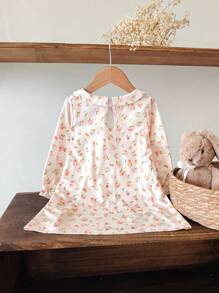 女婴家居服樱桃印花褶皱领长袖褶边下摆连衣裙，田园风格可爱连衣裙，适合女婴春秋季 - 杏色 - 查看 2