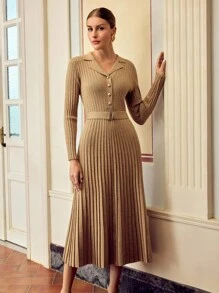 ZEYLAH Women's Solid Color Half-Zip Long Sleeve Pleated Sweater Dress Fall /Winter Clothes