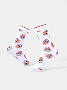 THE POWERPUFF GIRLS X SHEIN Blossom Pattern Red Trim White Crew Socks - Multicolor - View 4