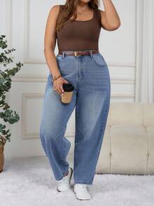 SHEIN CURVE+ 大码蓝色休闲口袋百搭女式牛仔裤，夏季 - 藍色 - 查看 6