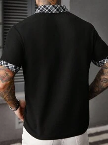 Manfinity CasualCool 男士休闲格子拼布 Polo 衫，时尚男士黑色短袖 Polo 衫，纽扣前襟，常规版型运动外观，经典黑色涤纶 Polo 衫，格子领和短袖，男士黑色 Polo 衫，格子领细节，常规版型短袖运动格子点缀黑色 Polo 衫，老钱风格 - 黑色 - 查看 2