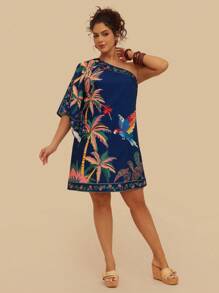 Travachic Váy ngắn in họa tiết cây nhiệt đới vai lệch cỡ lớn, màu xanh navy, phù hợp cho mùa hè và mùa thu - Màu xanh hải quân - Xem 5