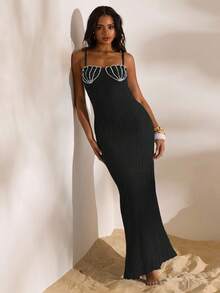 Opulessa Đầm len bó sát hở lưng Shell & Pearl Decor dành cho nữ, thích hợp cho kỳ nghỉ, đồ bơi móc cho nữ, đồ bơi đan, đi chơi, trang phục cưới, phong cách công sở thường ngày cho nữ, trang phục dự tiệc, đi câu lạc bộ, đồ bơi đính hạt, váy đồng quê mùa thu/đông - màu đen - Xem 5