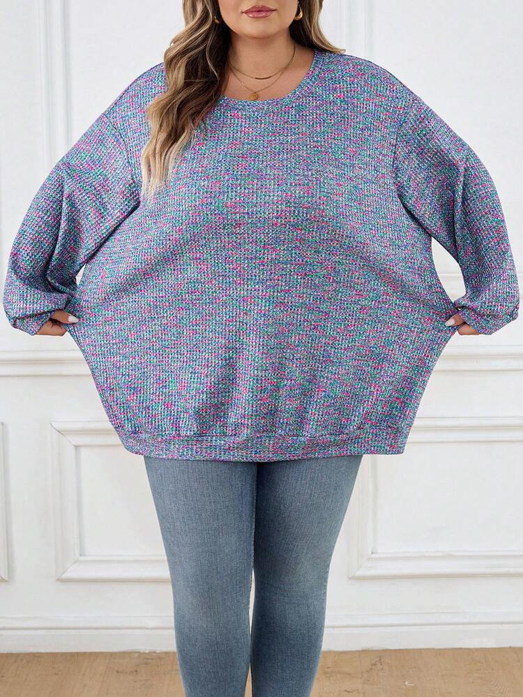 SHEIN CURVE+ 大码女式彩色华夫格针织套头衫，秋冬秋冬 - 彩色 - 查看 4