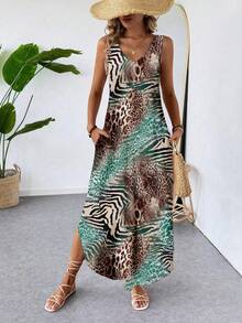 SHEIN LUNE 女士休闲豹纹和斑马纹V领长裙，适合夏季