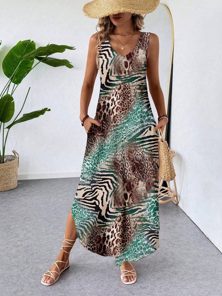 SHEIN LUNE 女士休闲豹纹和斑马纹V领长裙，适合夏季