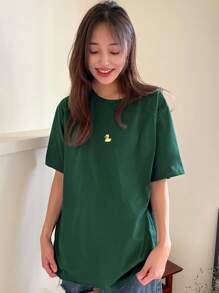 DAZY 鸭子刺绣落肩T恤夏季超大T恤 - 墨綠色 - 查看 3