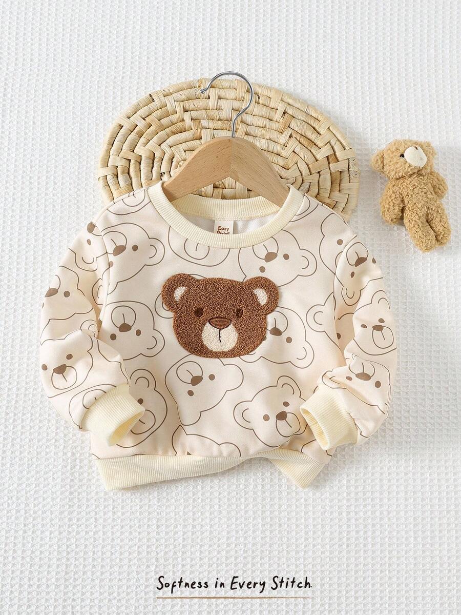 Cozy Pixies Maglia a girocollo in maglia morbida con stampa di orsetti cartoni animati, manica lunga, per bambina