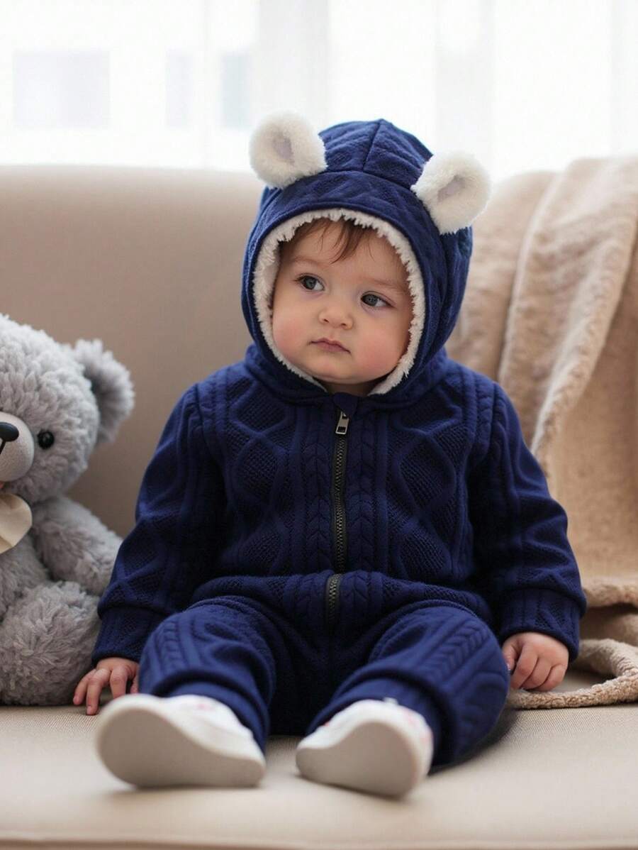 SHEIN Babyboy Navy And White Jumpsuit, Autumn Cute Hooded Plush Ear Design Navy Blue Winter Clothes For Newborn, Home Wear Casual Cozy Fleece Romper Fall - Multicolor - View 1