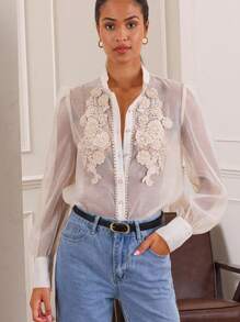 Lilora Élégante blouse femme à manches bouffantes avec col volant en fleurs 3D tissées à la main, couleur unie transparente abricot, printemps/été - Nude - Voir 8
