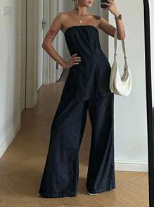 DAZY High-End Denim 2 Pieces Set With Strapless Cropped Top & Casual Pants, Chic Style - Dark Wash - View 1