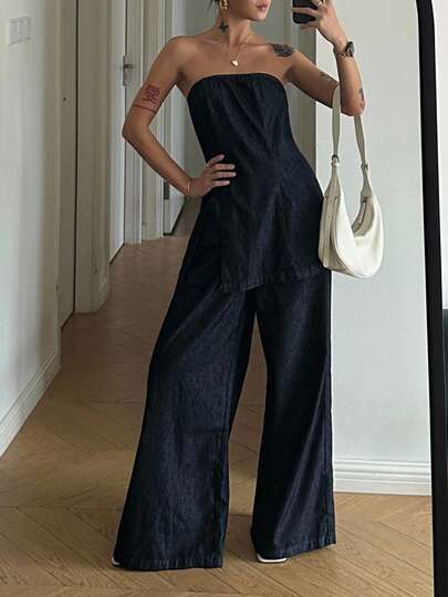 DAZY High-End Denim 2 Pieces Set With Strapless Cropped Top & Casual Pants, Chic Style