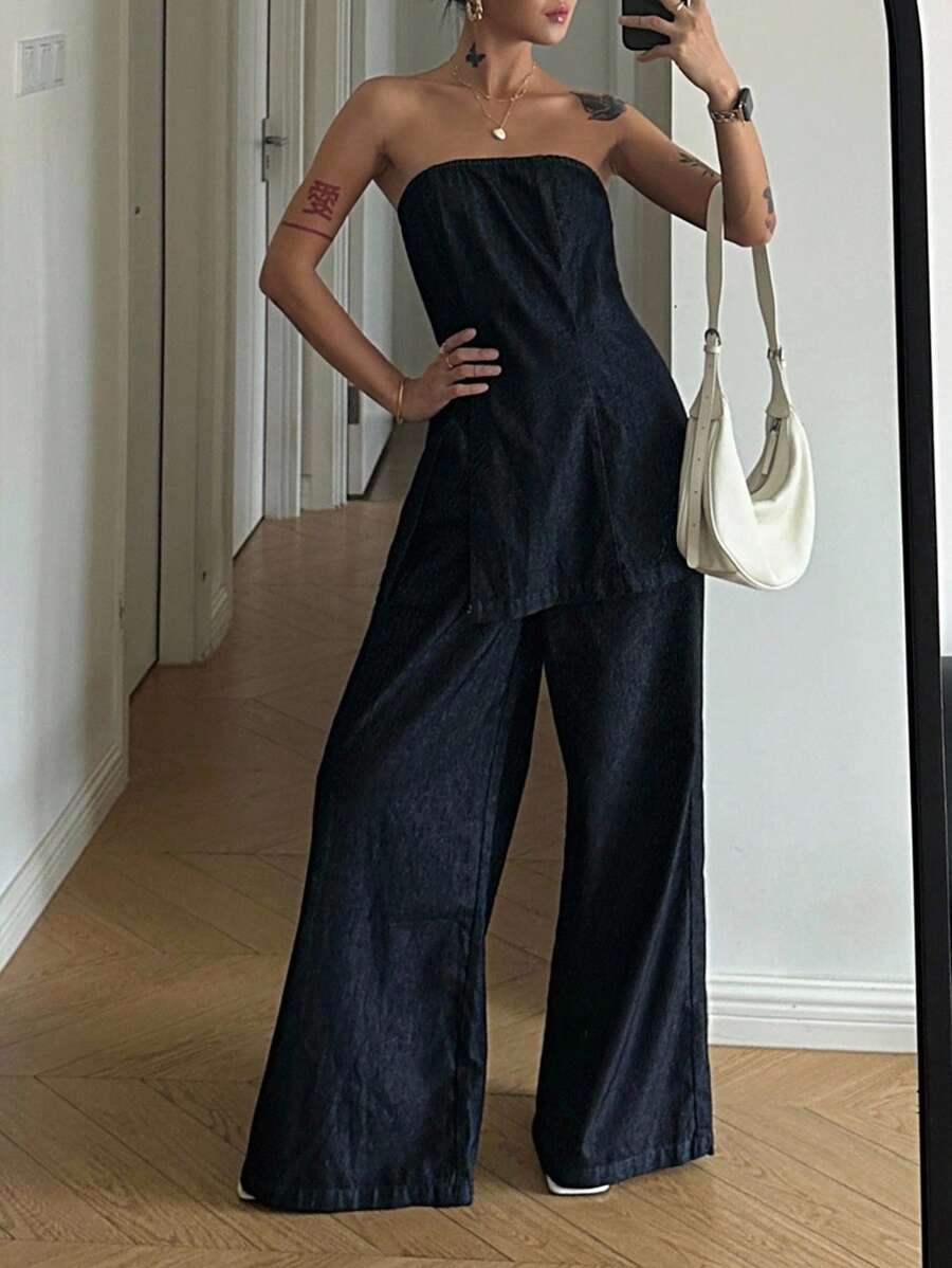 DAZY High-End Denim 2 Pieces Set With Strapless Cropped Top & Casual Pants, Chic Style - Dark Wash - View 1