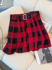 Franclia Chân váy xếp ly mini dáng chữ A kẻ caro dành cho nữ - Màu Đỏ Sâu - Xem 1
