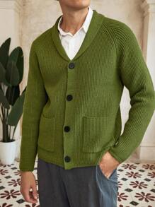 Manfinity CityGents Męski jednokolorowy kardigan z długim rękawem typu raglan, z szalowym kołnierzem, swobodny, jednorzędowy, stare pieniądze, jesień/zima