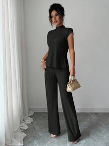 Elenzga 2pcs Casual Solid Color Ribbed Side Slit Top And Pants Set - Black - View 4