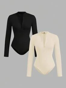 SHEIN EZwear 2 件女式黑色和杏色拉链高领紧身连体衣套装，休闲长袖，适合秋冬季 - 彩色 - 查看 4