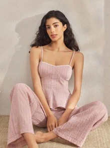 Ocili 女士弹力腰带条纹睡裤，秋冬季 - 粉色 - 查看 6