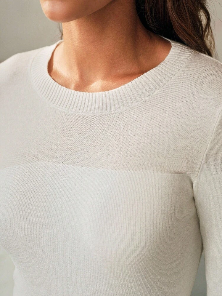 Women's Solid Color Round Neck Regular Shoulder Long Sleeve Fitted Versatile Sheer Knit Top