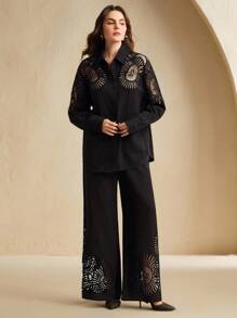 Anewsta 女士长袖镂空单排扣衬衫和阔腿裤休闲套装 - 黑色 - 查看 3