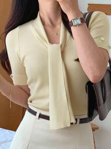 DAZY 女式修身优雅系带短袖针织上衣 - 杏色 - 查看 3