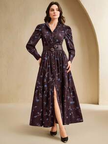 Anewsta Váy buộc eo họa tiết hoa thanh lịch hiện đại dành cho nữ, hàng mới về mùa thu/đông - Màu đỏ tím - Xem 8