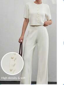 CLARA VERO Women Button Front Mini Buttoned Knit Cardigan Top And Sweater Pant 2pcs Set Co-Ords Cream Two Piece Set Fall Women Clothes Modest Old Money,Petite - Cream - View 1