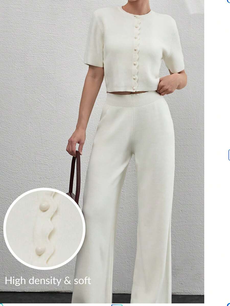 CLARA VERO Women Button Front Mini Buttoned Knit Cardigan Top And Sweater Pant 2pcs Set Co-Ords Cream Two Piece Set Fall Women Clothes Modest Old Money,Petite - Cream - View 1
