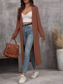 EMERY ROSE Áo khoác nữ tay dài màu trơn, dáng rộng, hở trước, dáng thường ngày - màu nâu - Xem 3