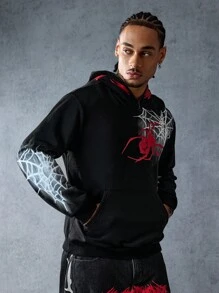 ROMWE MEN Anime Men's Fashion Spider Web Print Asymmetric Hoodie, Halloween - Black - View 4