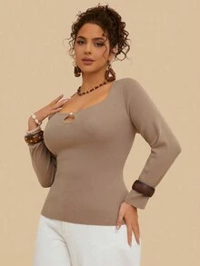 SHEIN VCAY Suéter de unicolor versátil y de moda para mujer de talla grande en otoño/invierno - Café integral - Ver 3