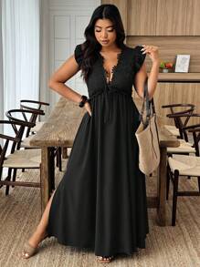 Weeklong 大码纯色深V领盖袖优雅连衣裙 - 黑色 - 查看 3