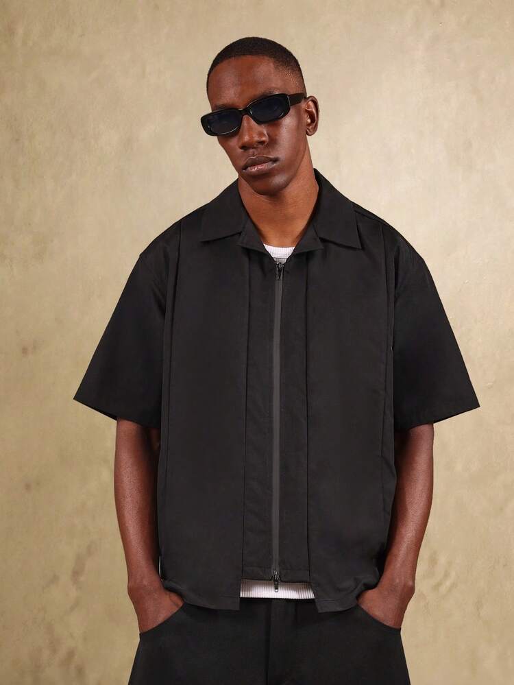Panelled Zip Up Shirt With Collar Detail
