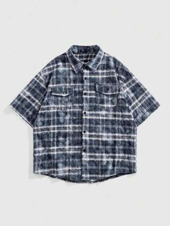 Grunge Punk Camicia casual a maniche corte a quadri da uomo, estiva