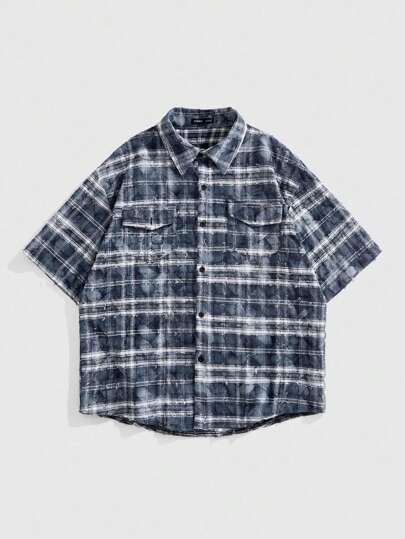 Grunge Punk Men's Casual Plaid Short Sleeve Shirt, Summer