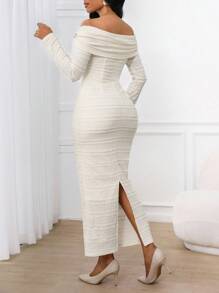 SHEIN Lady 白色针织提花重叠领铅笔长袖连衣裙鸡尾酒会海滩 - 米色 - 查看 2