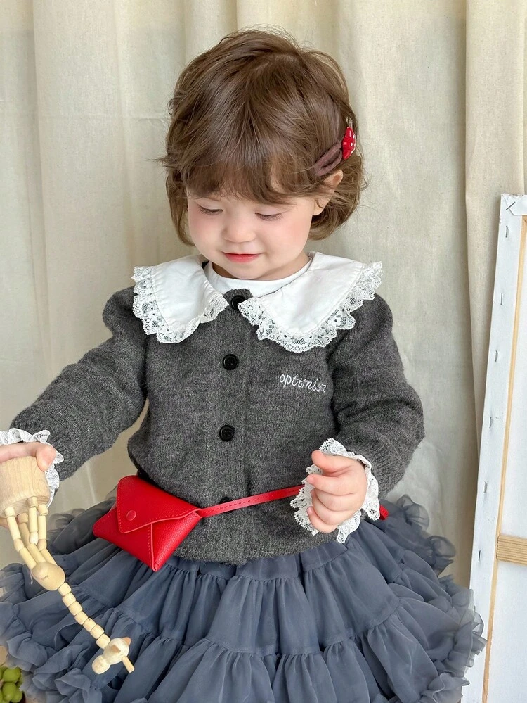 Baby Girls' Peter Pan Collar Letter Embroidery Contrast Color Casual Cute Cardigan Fall,Winter Toddler Girls Clothes