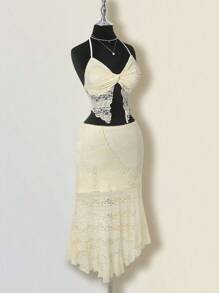 SHEIN ICON Conjunto de verano y primavera para mujer con falda asimétrica de cintura baja con volantes y top halter de cuello anudado de encaje jacquard texturizado en estilo bohemio retro y sexy en color albaricoque - Albaricoque - Ver 10