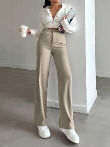 EURMUSE Petite 100%Cotton HIGH RISE BEIGE WIDE LEG PETITE SIZE JEAN - Beige - View 5