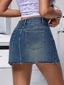 SHEIN PETITE 女式口袋磨边休闲短款牛仔迷你裙 - 藍色 - 查看 2