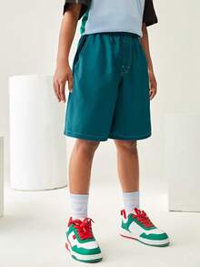 Tween Boy Outdoor Casual Sports Shorts, Kids Elastic Waist Outdoor Casual Sports Shorts - Green - View 3