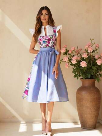 Fairmaia Romantic Floral Textured Vintage Style Women's German Dirndl Dresses, Summer