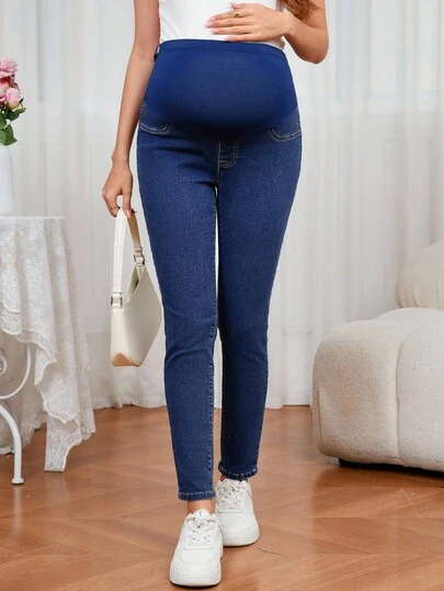 GentleRue Maternity 孕妇纯色拼接弹力舒适休闲百搭修身牛仔裤