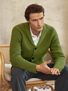 Manfinity CityGents Męski jednokolorowy kardigan z długim rękawem typu raglan, z szalowym kołnierzem, swobodny, jednorzędowy, stare pieniądze, jesień/zima