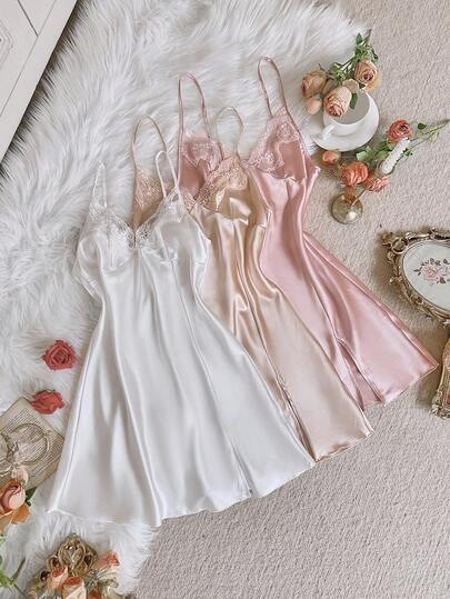 SilkySpell Conjunto de camisola sexy de renda bordada 3 peças para mulheres